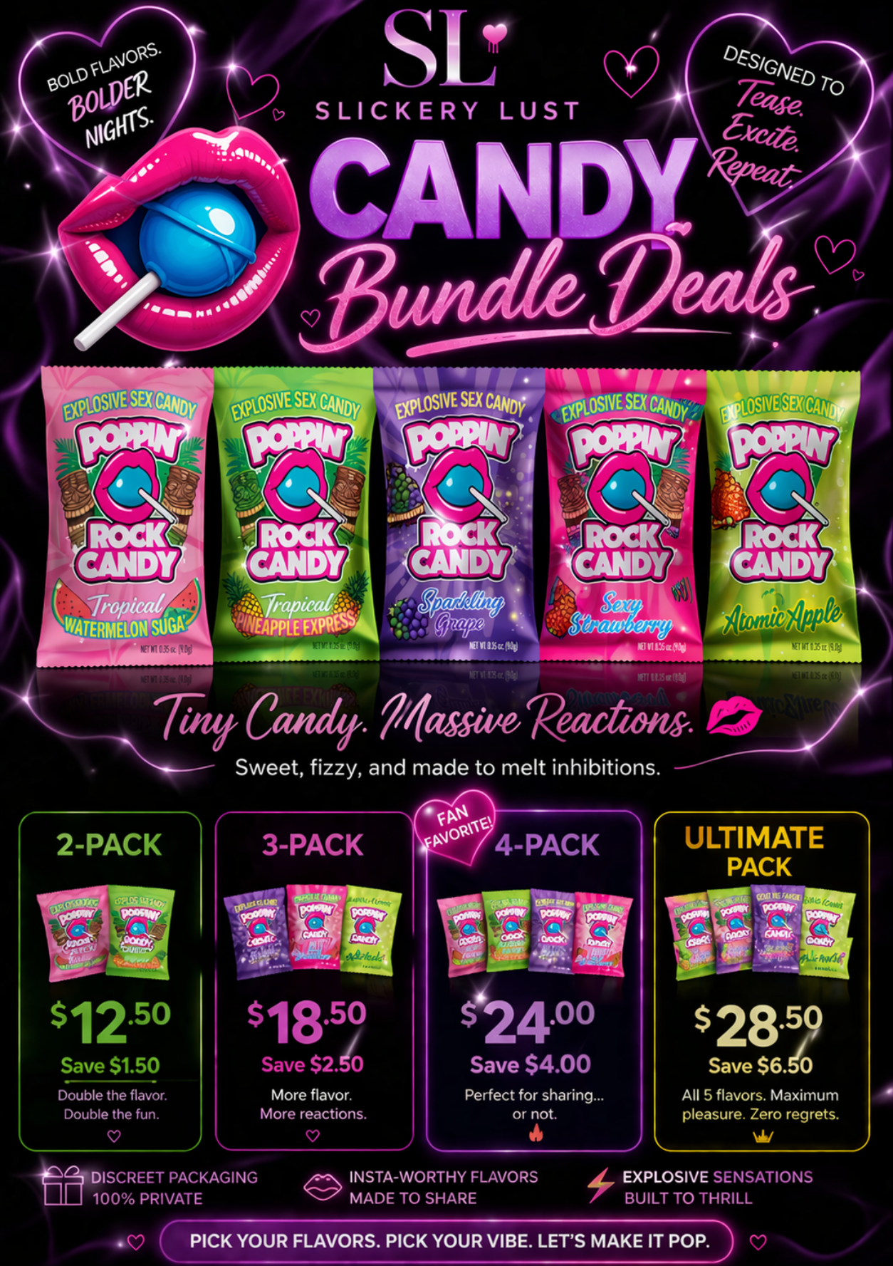 Promotional flyer for Slickery Lust Candy Bundle Deals with colorful candy packages and pricing.